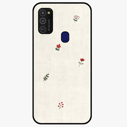 Minimal Petal Whispers Glass Case showing flat back view with soft minimal floral artwork and glossy glass finish.