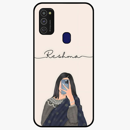 Mirror Mood Muse With Custom Name Glass Case showing flat back view with stylish mirrored artwork and personalized name design.