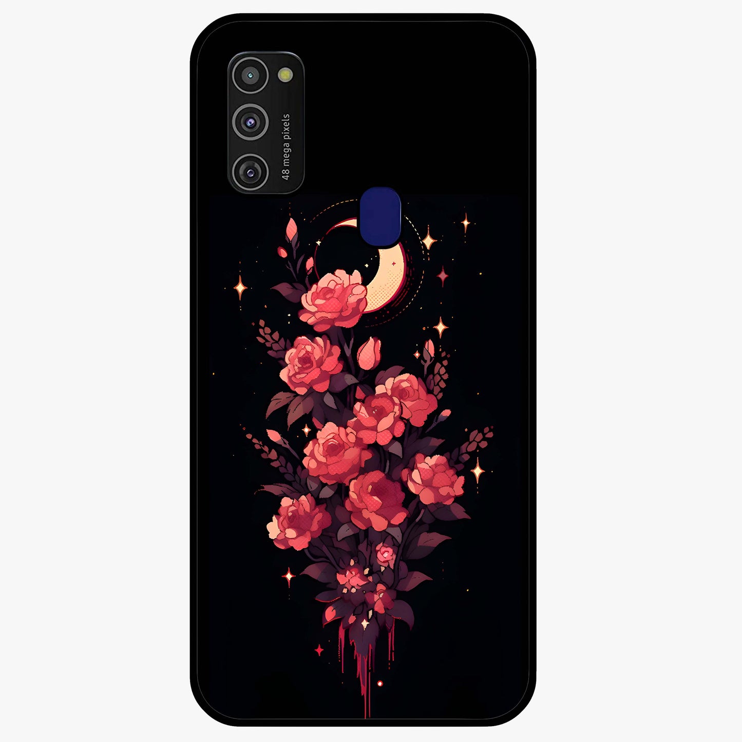 Moonlit Floral Elegance Glass Case showing flat back view with elegant floral artwork under moonlit tones and glossy glass finish.