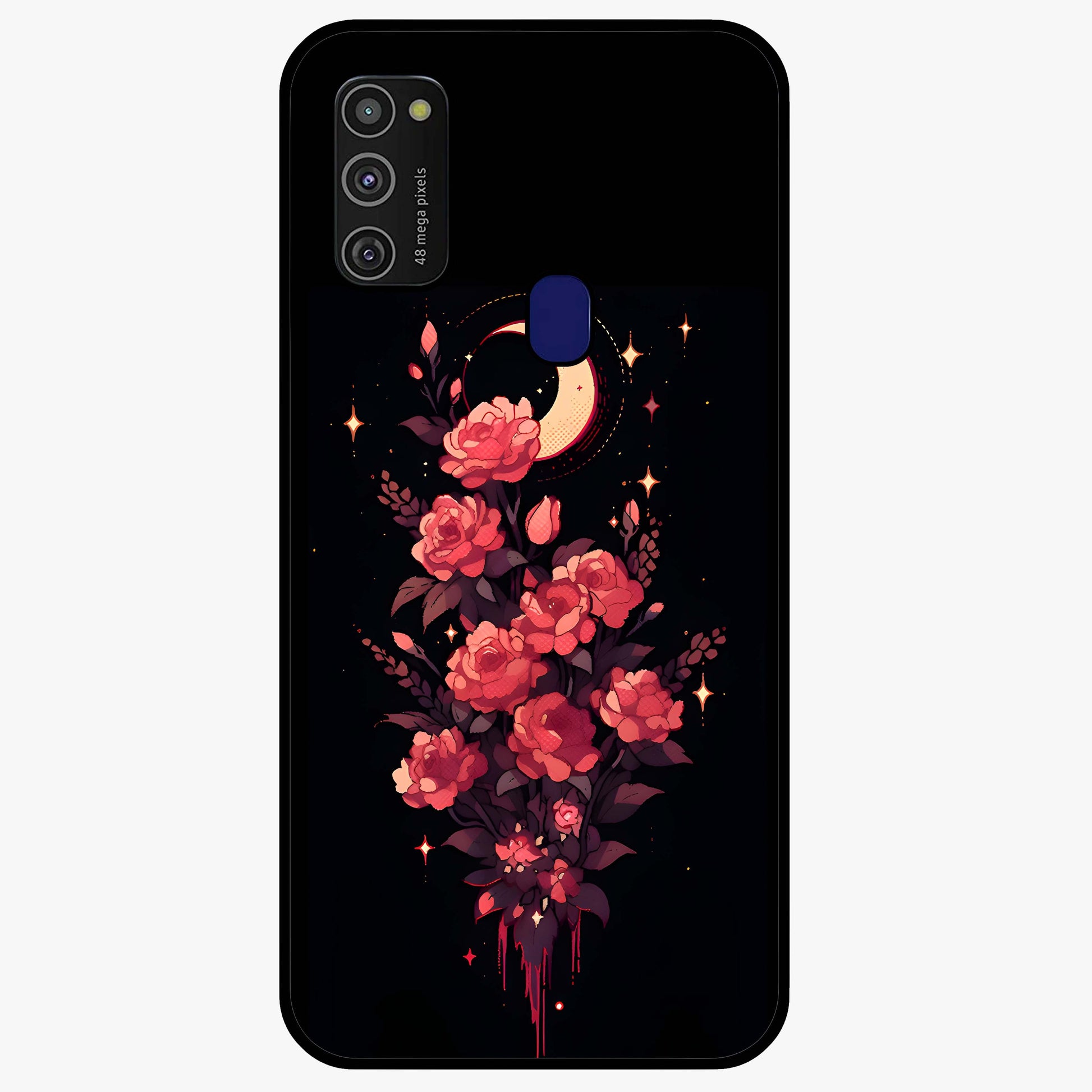 Moonlit Floral Elegance Glass Case showing flat back view with elegant floral artwork under moonlit tones and glossy glass finish.