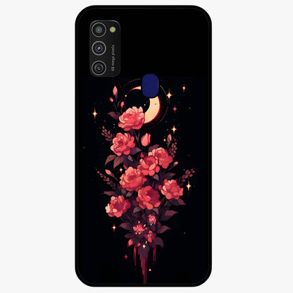 Moonlit Floral Elegance Glass Case showing flat back view with elegant floral artwork under moonlit tones and glossy glass finish.