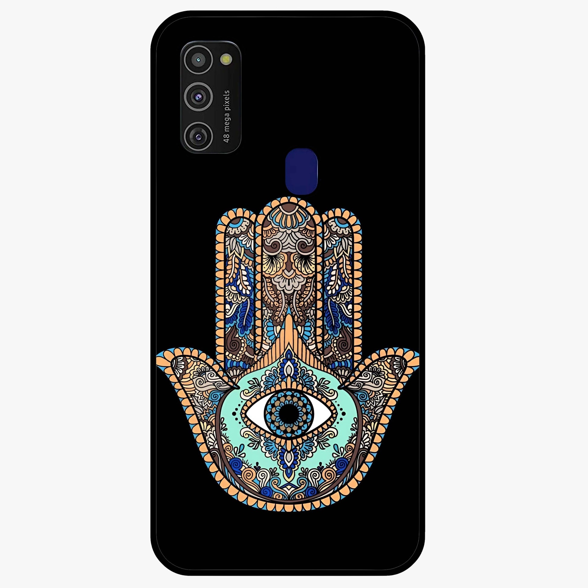 Mystic Hamsa Eye Glass Case showing flat back view with protective hamsa hand and evil eye artwork and glossy glass finish.