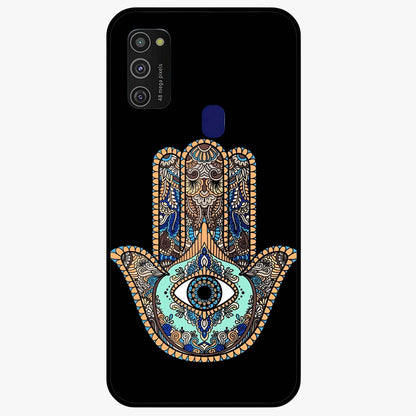 Mystic Hamsa Eye Glass Case showing flat back view with protective hamsa hand and evil eye artwork and glossy glass finish.