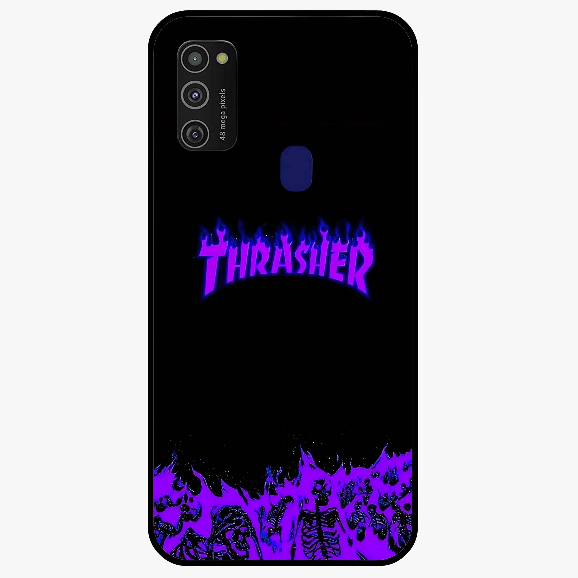 Neon Flame Riot Glass Case showing flat back view with neon flame artwork and glossy glass finish.