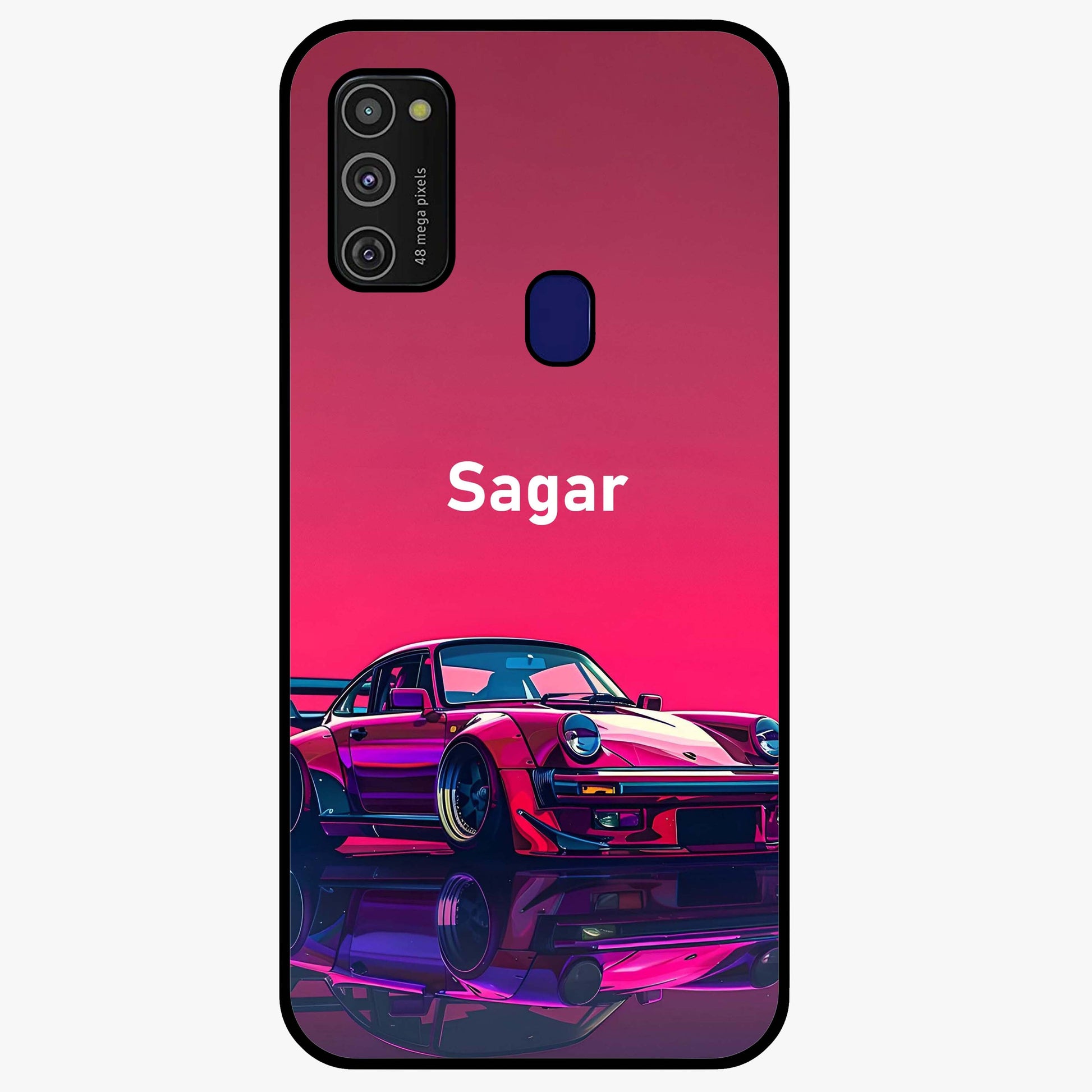 Neon Pink Porsche Glass Case showing flat back view with stylish sports car artwork and glossy glass finish.