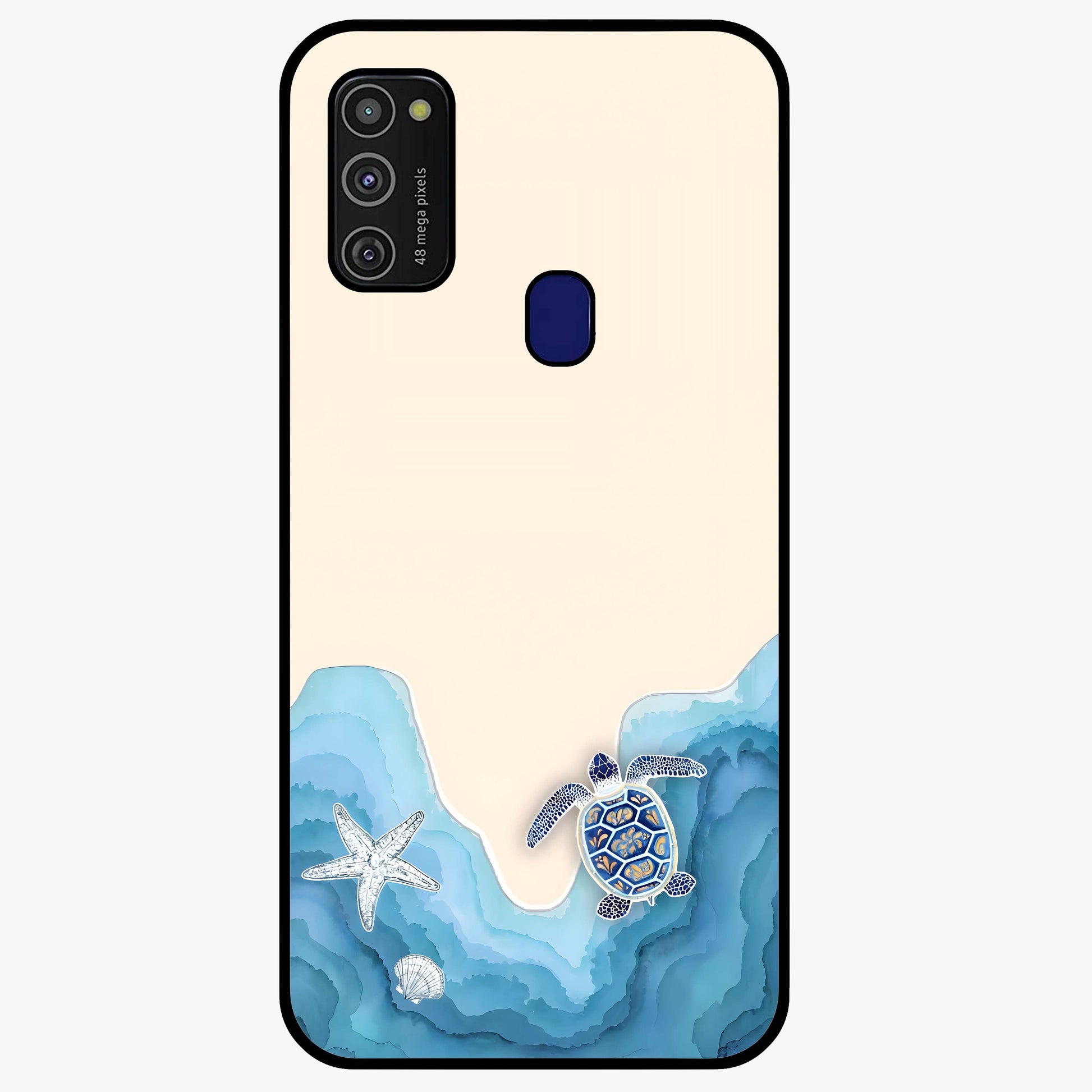 Ocean Drift Turtle Glass Case showing flat back view with sea turtle artwork and glossy glass finish.