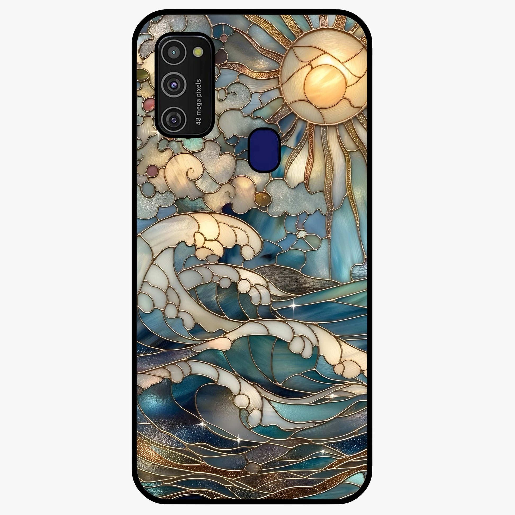 Oceanic Stained Printed Glass Case showing flat back view with ocean inspired stained pattern artwork and glossy glass finish.
