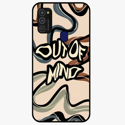 Out Of Mind Glass Case showing flat back view with expressive typography artwork and glossy glass finish.