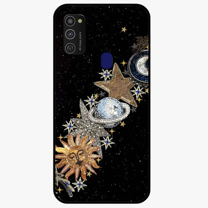 Pearls Universe Object Glass Case showing flat back view with pearl inspired cosmic artwork and glossy glass finish.