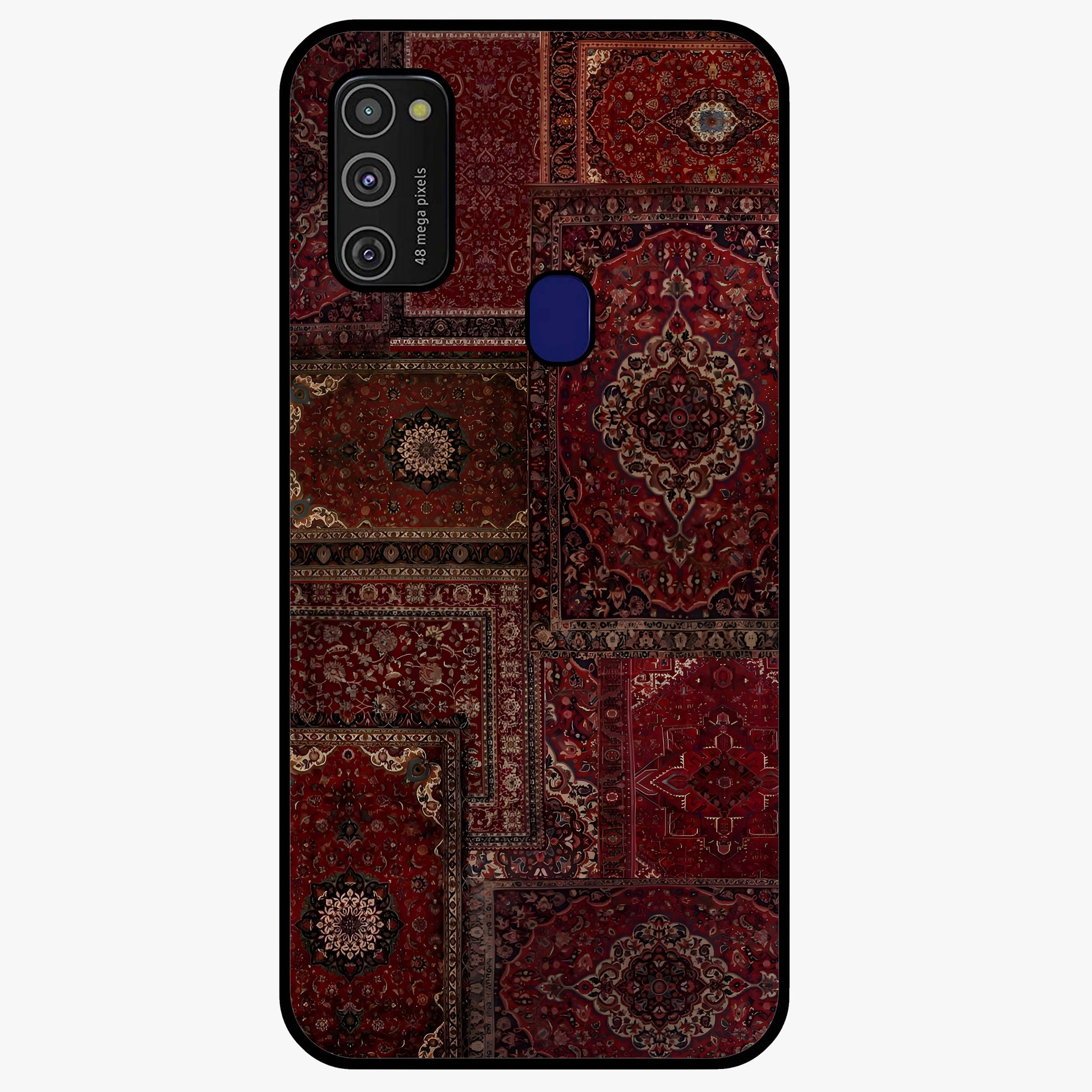 Persian Velvet Tale Glass Case showing flat back view with luxurious Persian velvet pattern artwork and glossy glass finish.