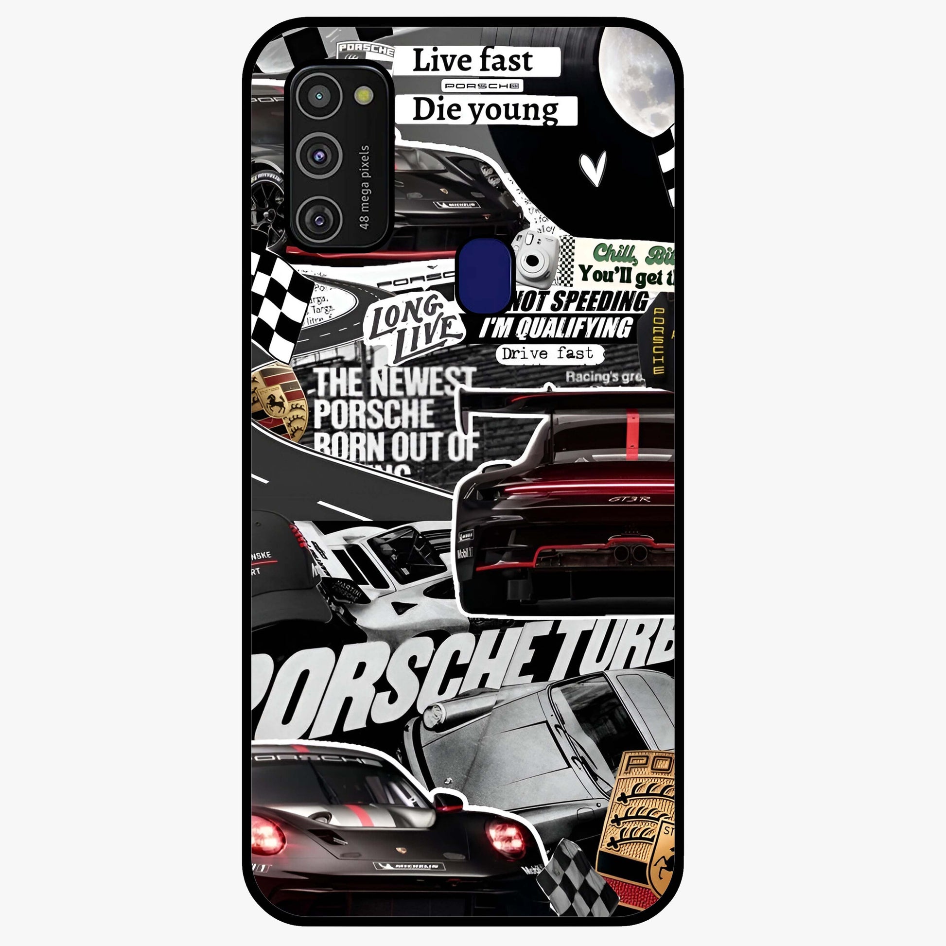 Porsche Racing Collage Glass Case showing flat back view with sports car racing collage artwork and glossy glass finish.