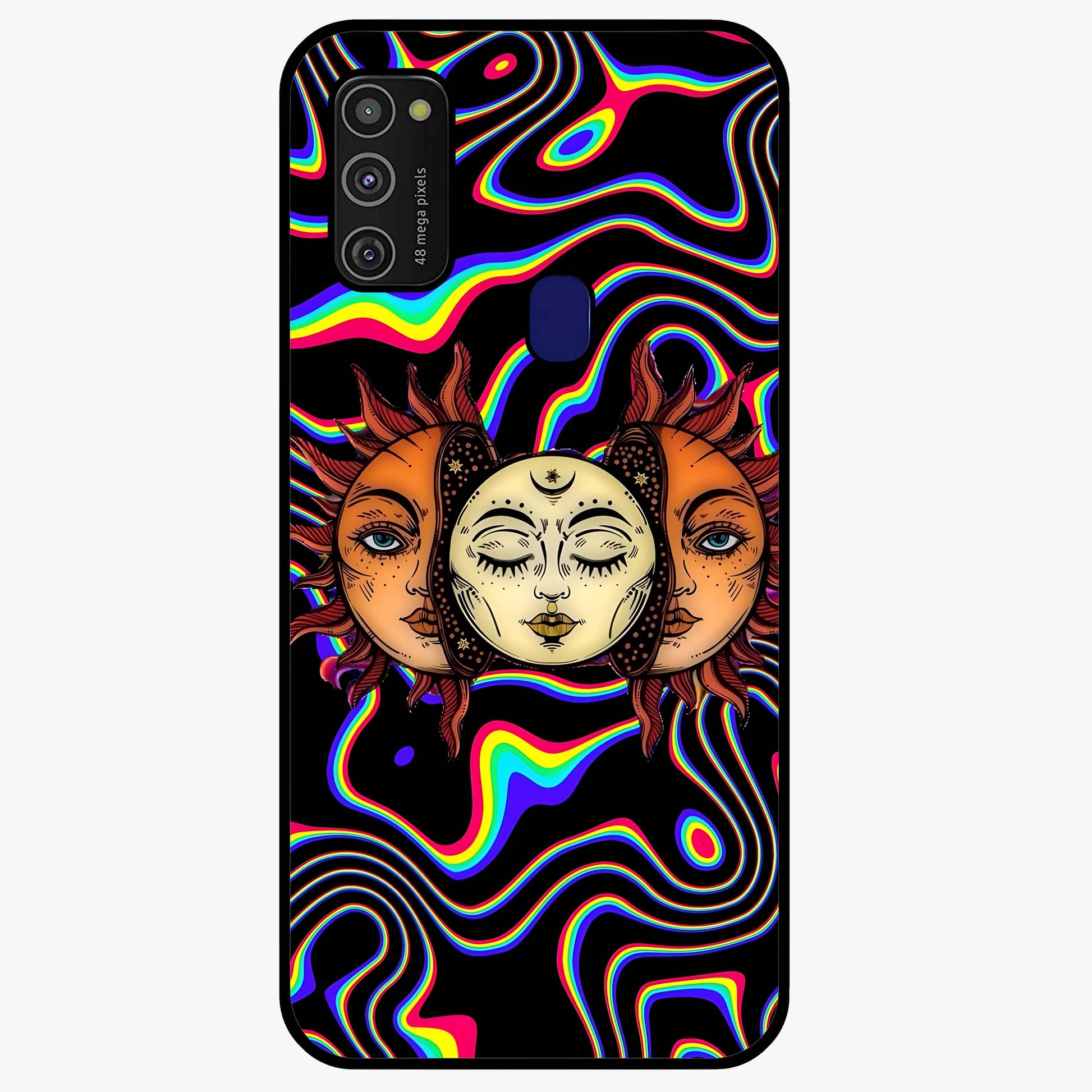Psychedelic Sun Glass Case showing flat back view with colorful psychedelic sun artwork and glossy glass finish.