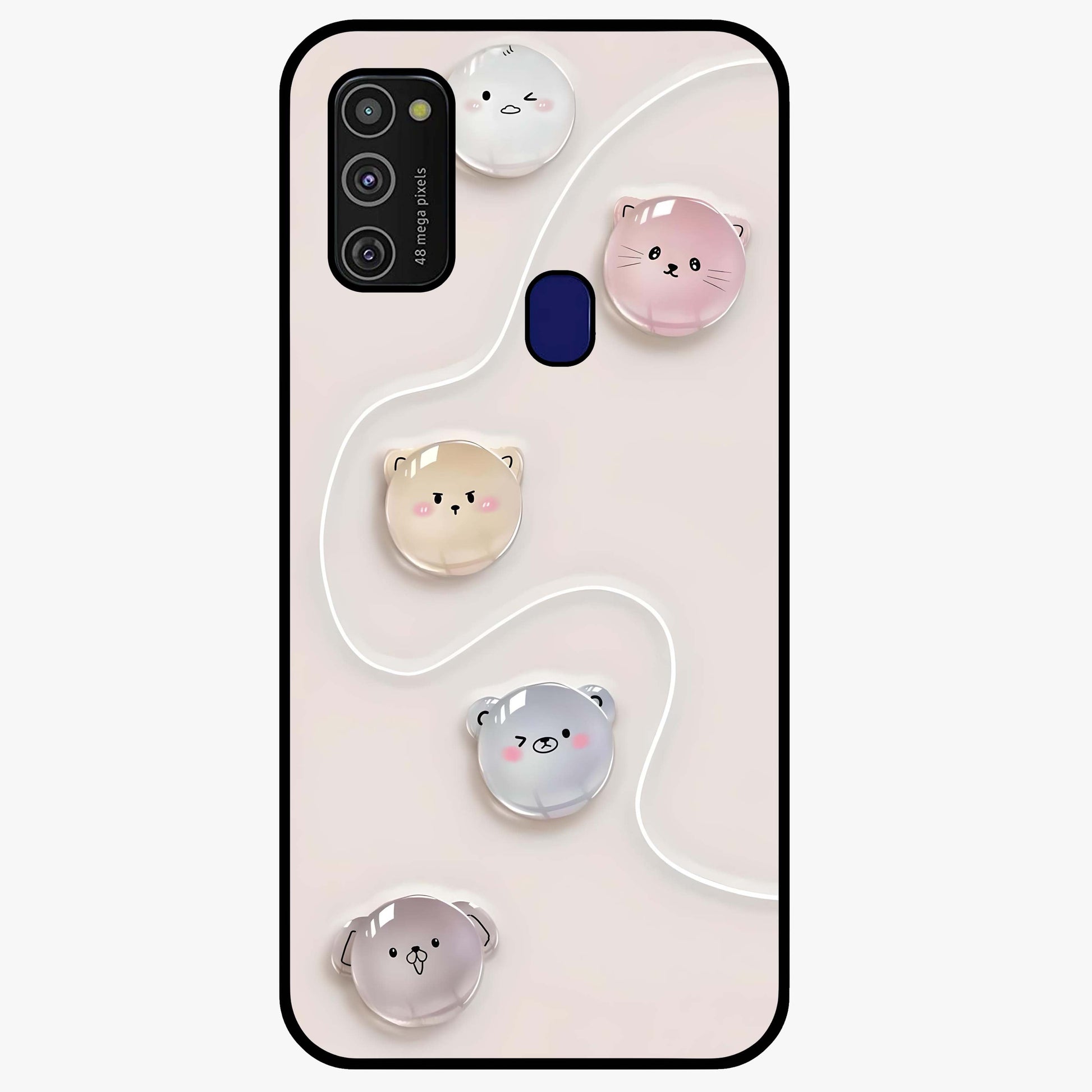 Puffy Face Parade Glass Case showing flat back view with cute puffy character faces artwork and glossy glass finish.
