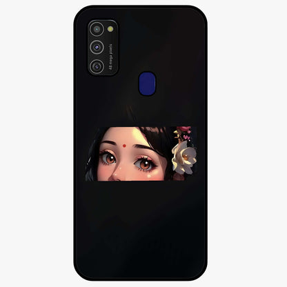 Radha Divine Embrace Glass Case showing flat back view with devotional Radha artwork and glossy glass finish.