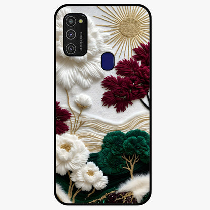 Radiant Bloom Elegance Glass Case showing flat back view with elegant blooming flower artwork and glossy glass finish.