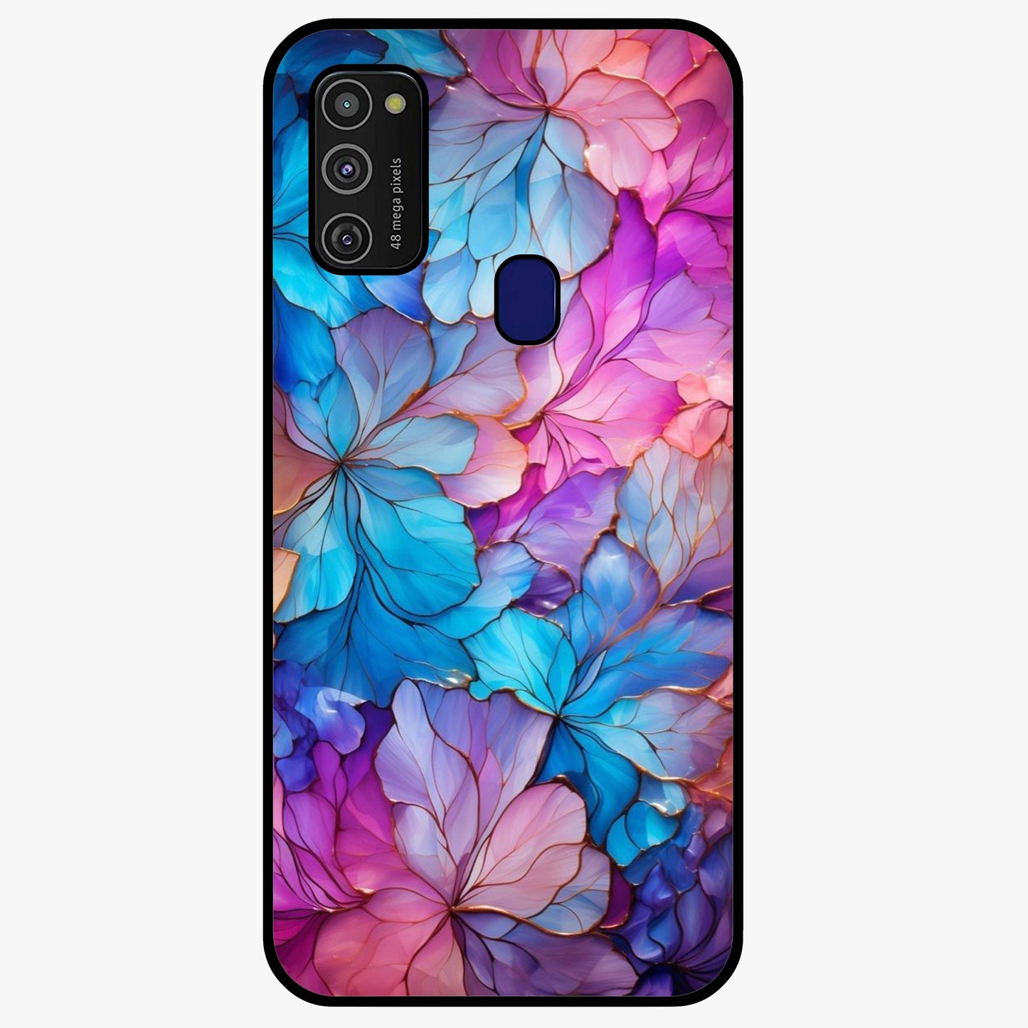 Radiant Floral Whirl Glass Case showing flat back view with swirling floral artwork and glossy glass finish.