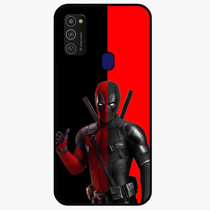 Red & Black Deadpool Theme Glass Case showing flat back view with bold comic inspired artwork and glossy glass finish.