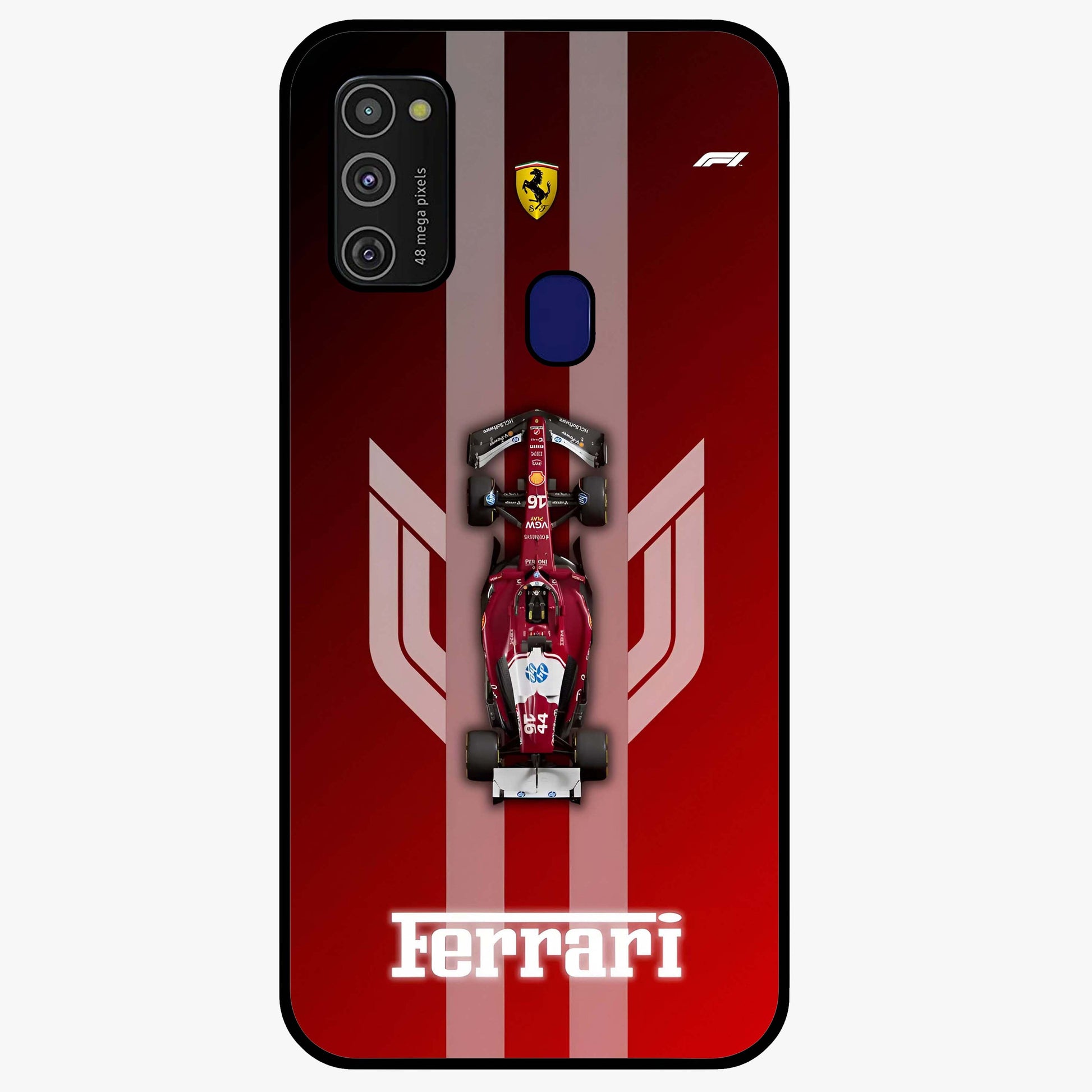 Red Ferrari F1 Vertical Glass Case showing flat back view with sleek Formula racing car artwork and glossy glass finish.