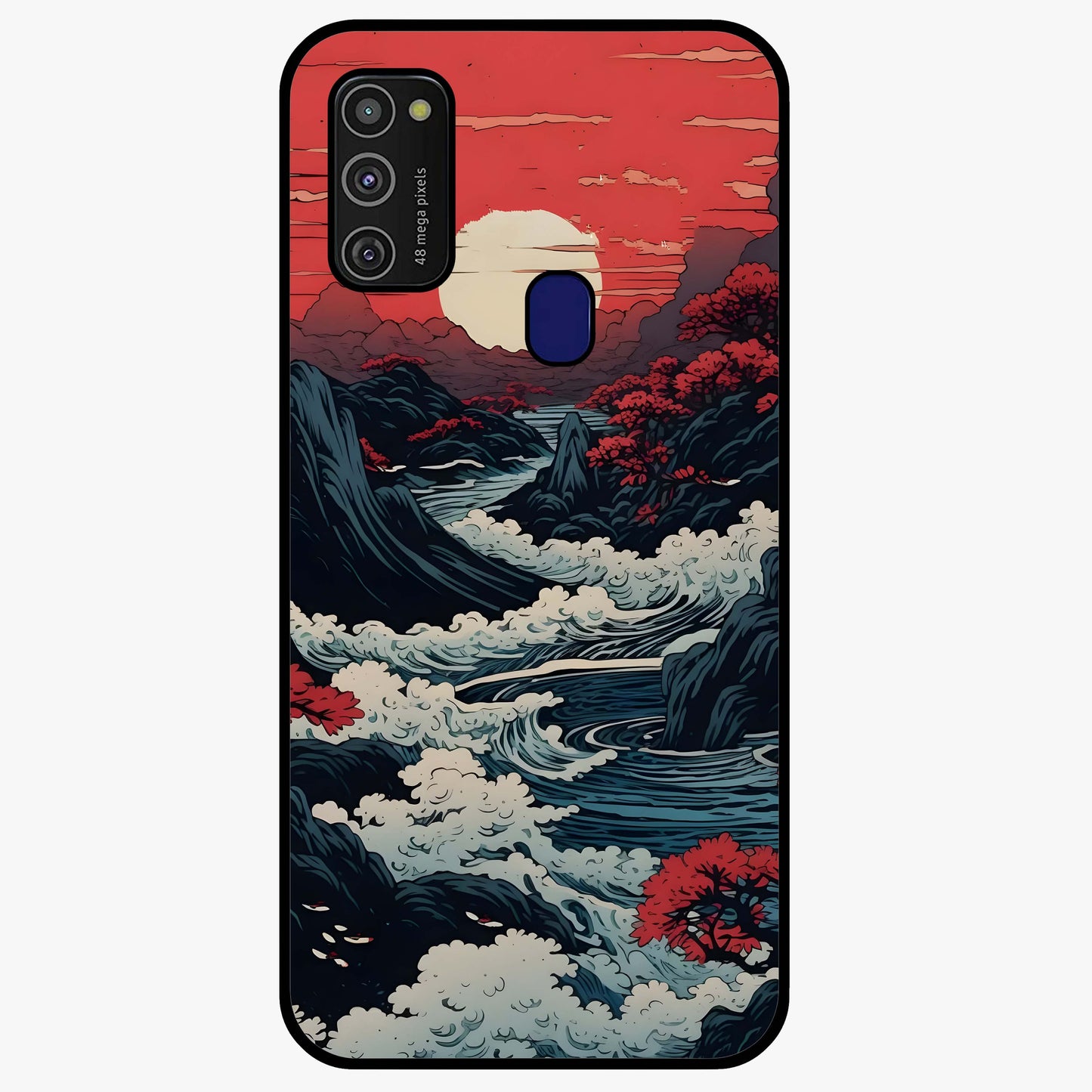 Red Sunset Scenery Glass Case showing flat back view with vibrant sunset landscape artwork and glossy glass finish.