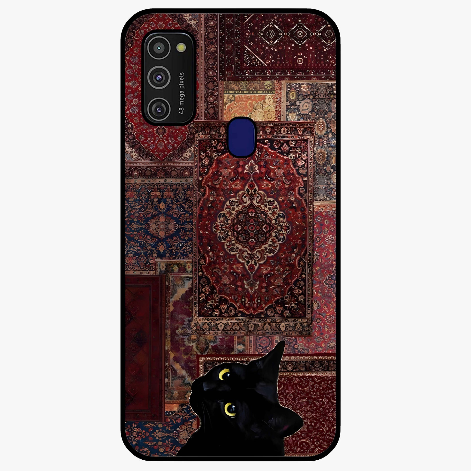 Regal Magic Cat Apple Glass Case showing flat back view with magical cat artwork holding apple and glossy glass finish.