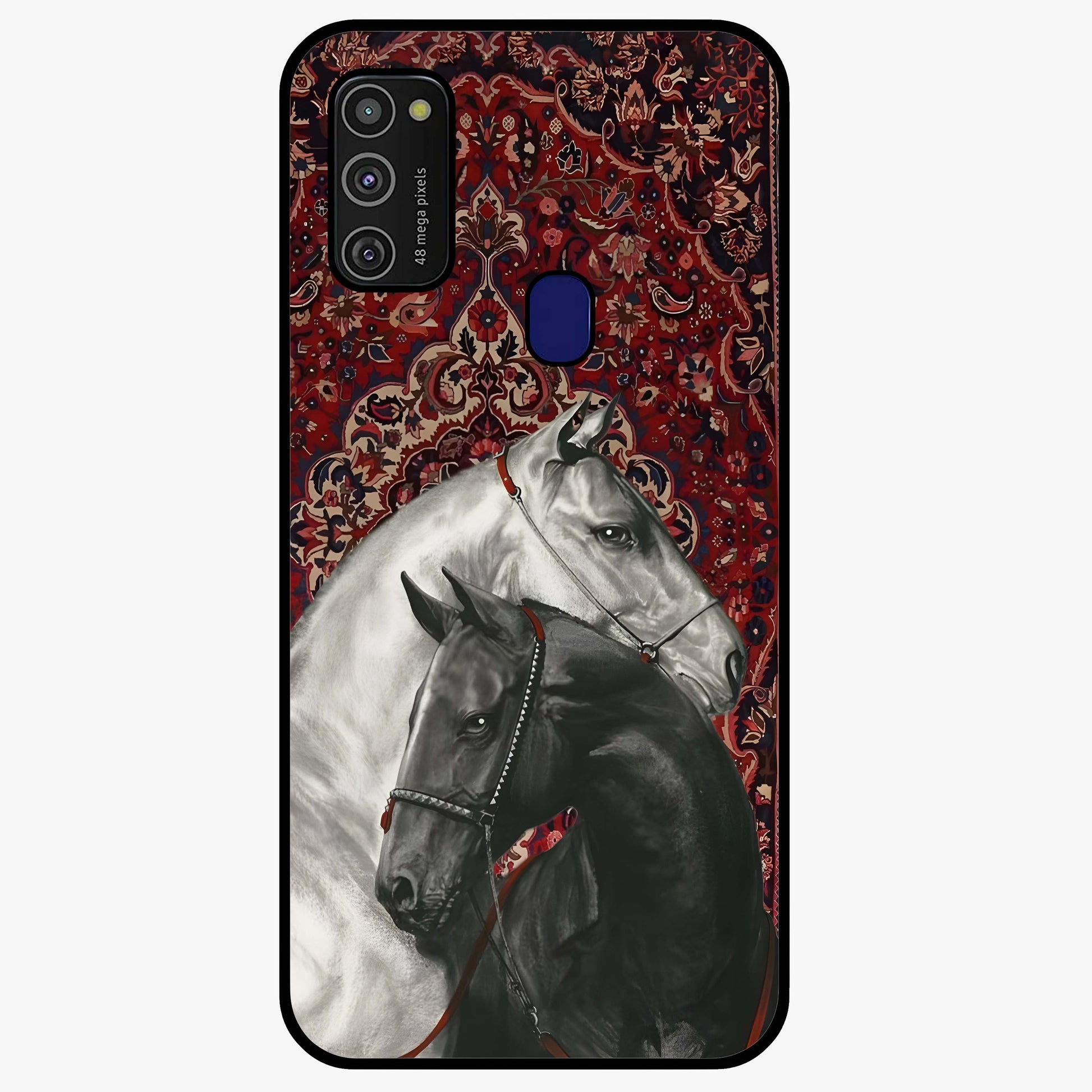 Regal Stallion Tapestry Glass Case showing flat back view with majestic horse tapestry artwork and glossy glass finish.