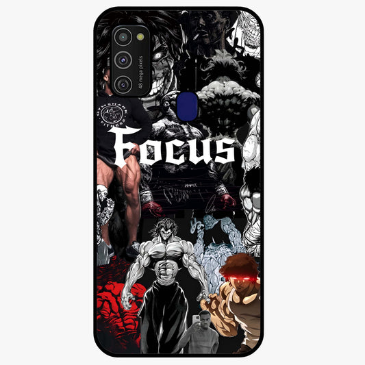 Relentless Power Focus Glass Case showing flat back view with motivational typography artwork and glossy glass finish.