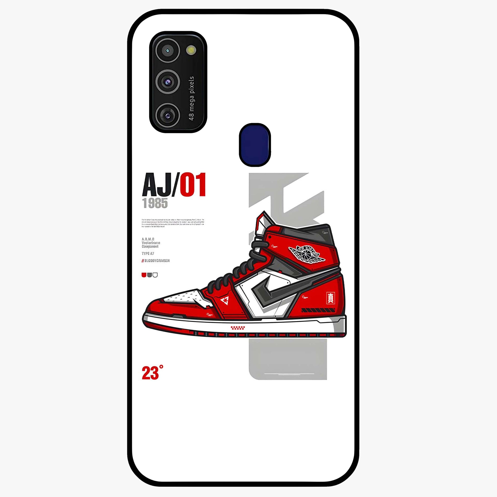 Retro Sneaker Blueprint Glass Case showing flat back view with sneaker blueprint style artwork and glossy glass finish.