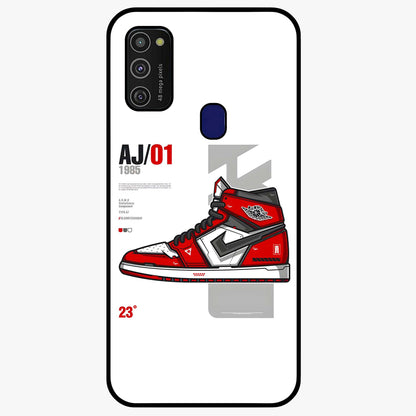 Retro Sneaker Blueprint Glass Case showing flat back view with sneaker blueprint style artwork and glossy glass finish.