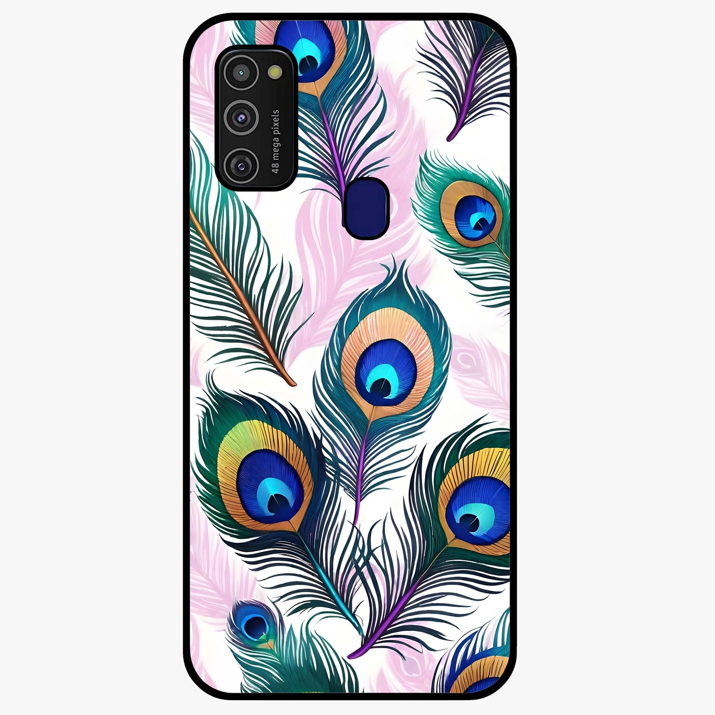 Royal Peacock Feathers Glass Case showing flat back view with colorful peacock feather artwork and glossy glass finish.