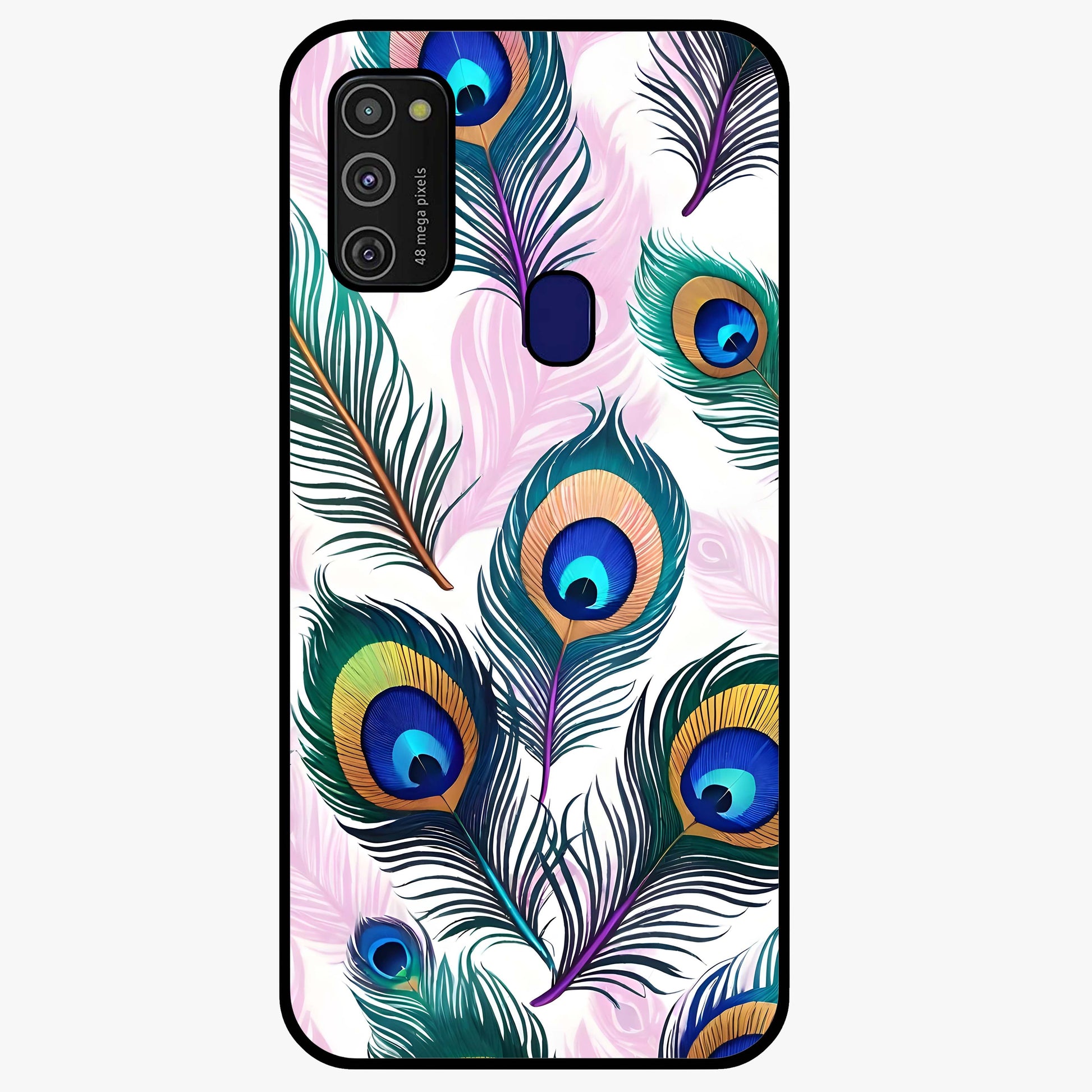 Royal Peacock Feathers Glass Case showing flat back view with colorful peacock feather artwork and glossy glass finish.