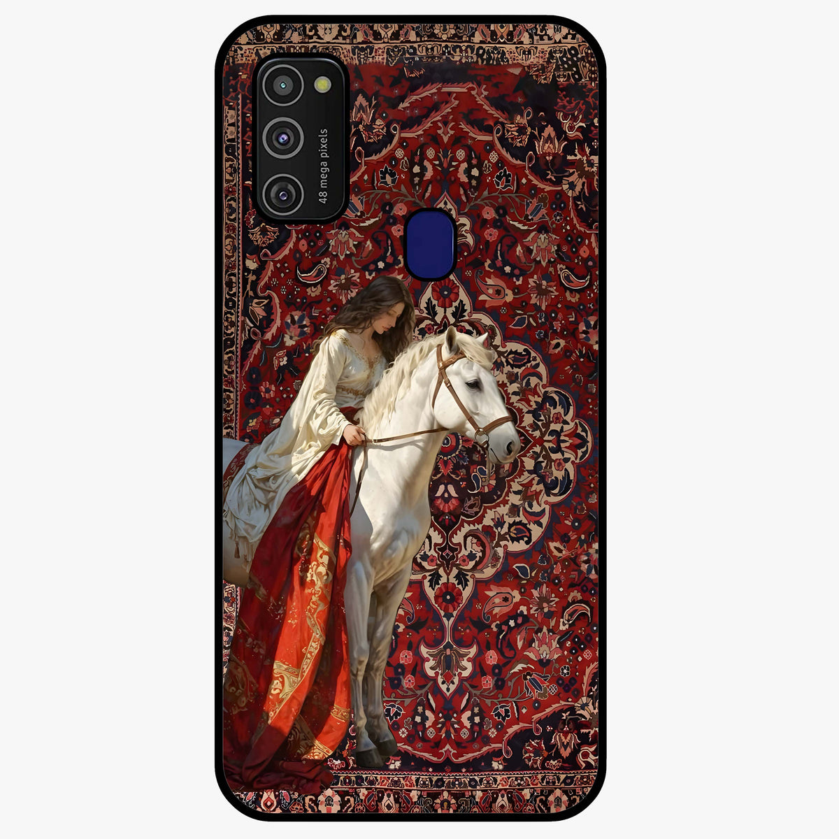 Royal Rider Tapestry Glass Case showing flat back view with majestic horse rider tapestry artwork and glossy glass finish.