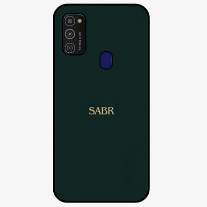 Sabr Minimal Patience Glass Case showing flat back view with minimalist typography artwork and glossy glass finish.