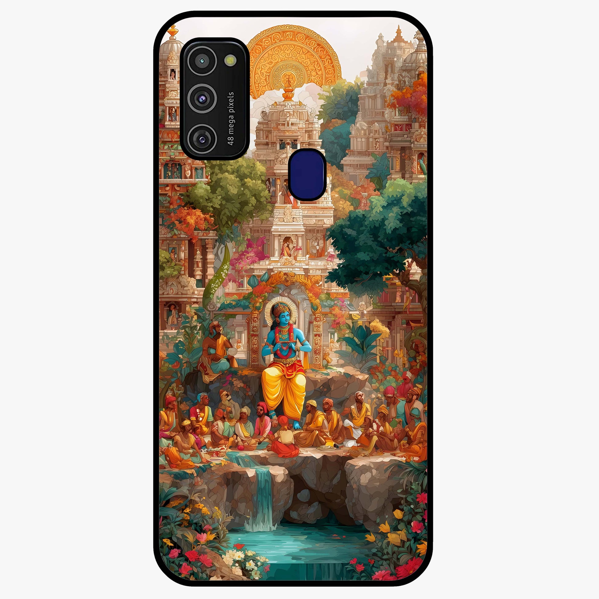 Sacred Sunlight Gods Glass Case showing flat back view with divine sunlight themed artwork and glossy glass finish.