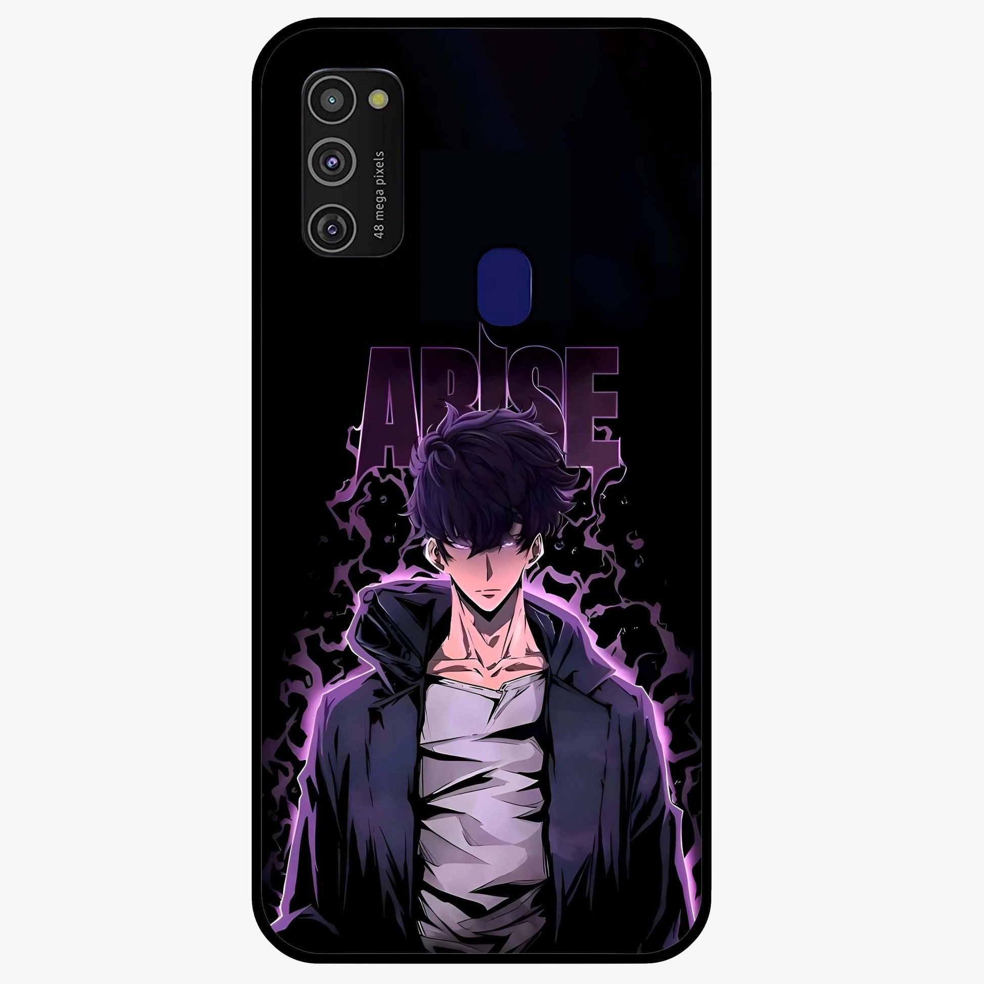 Shadow Monarch Awakening Glass Case showing flat back view with powerful dark monarch themed artwork and glossy glass finish.