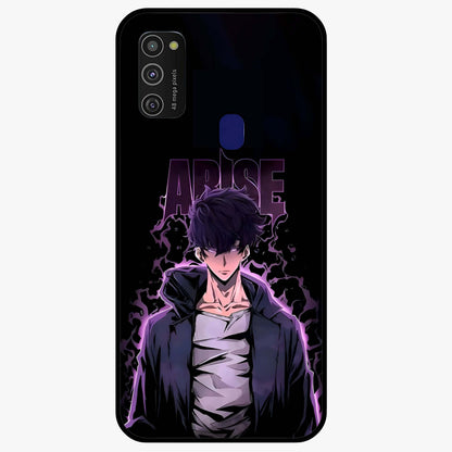 Shadow Monarch Awakening Glass Case showing flat back view with powerful dark monarch themed artwork and glossy glass finish.