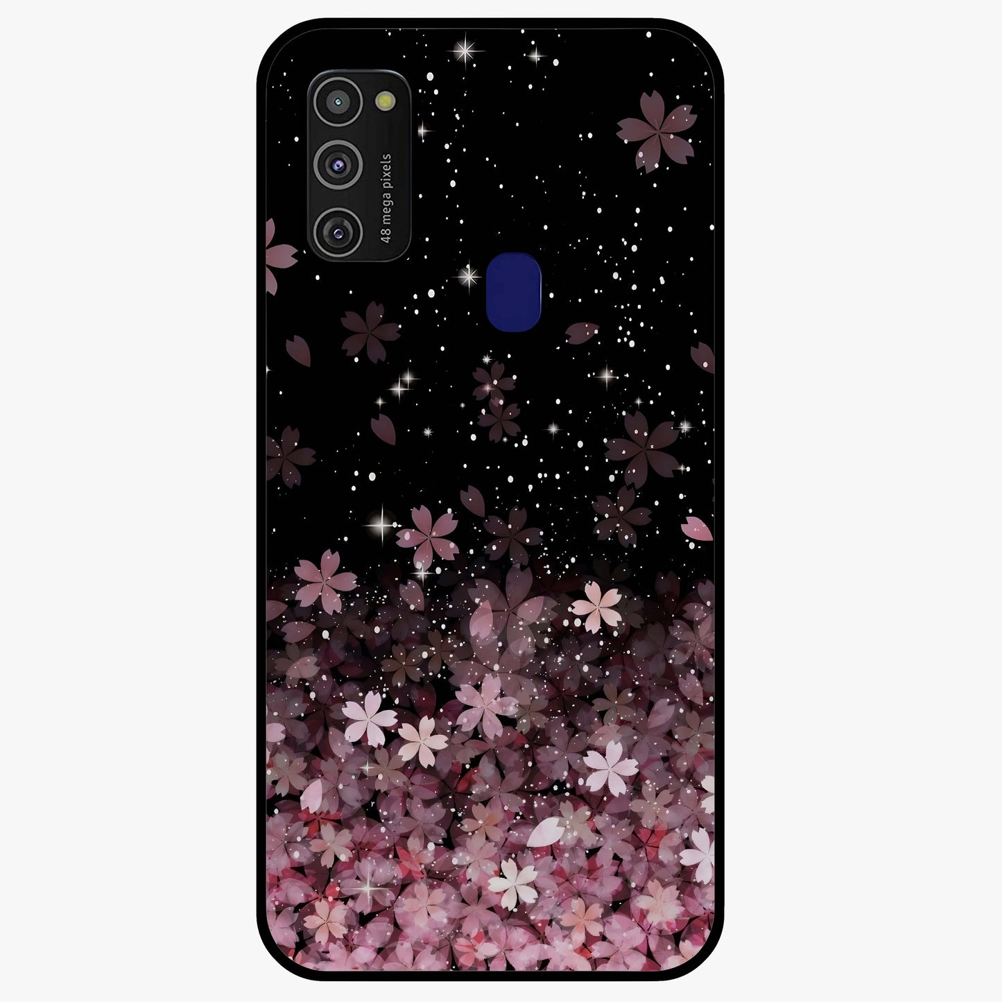 Small Starry Flowers Glass Case showing flat back view with delicate starry floral artwork and glossy glass finish.