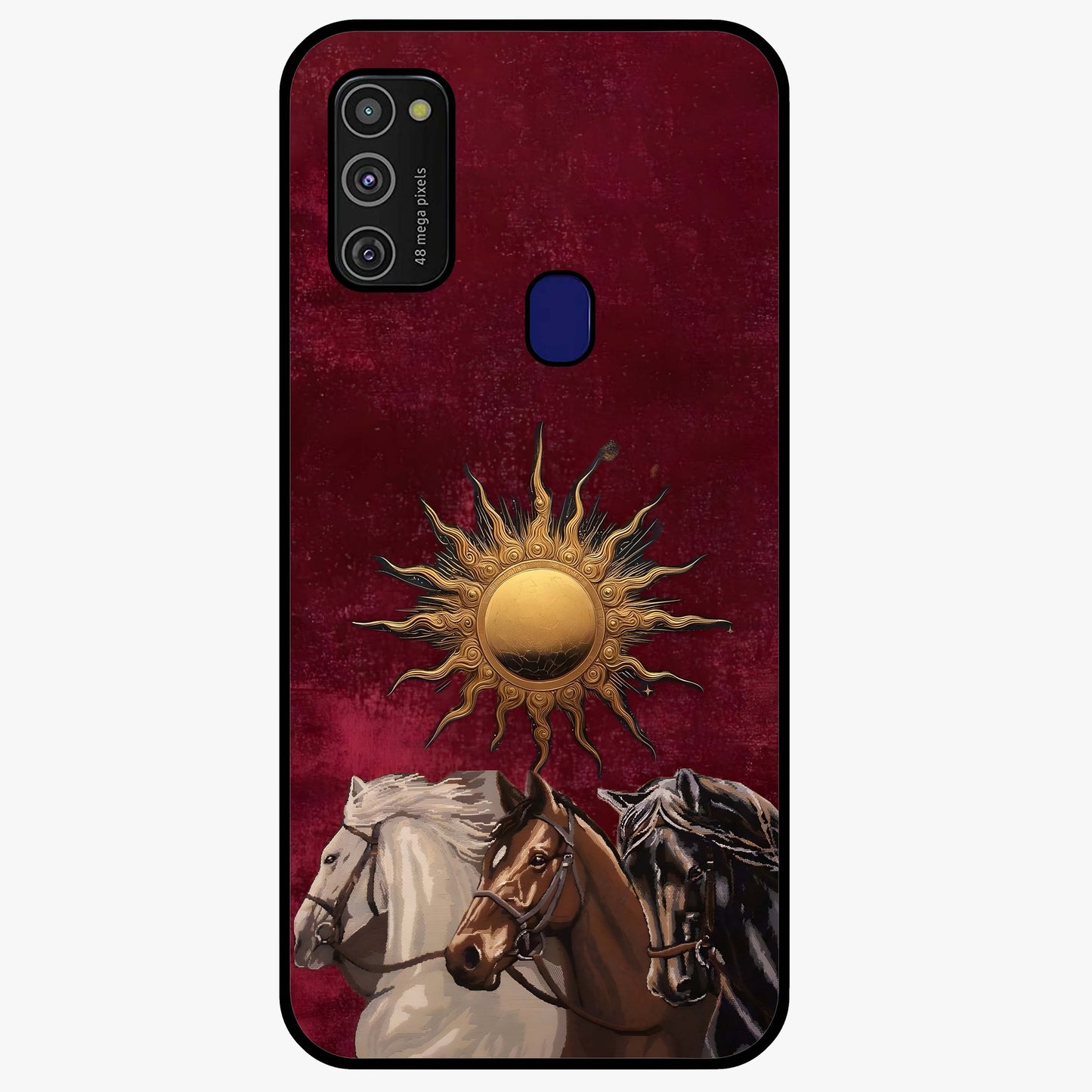 Solar Riders Glass Case showing flat back view with dynamic rider themed artwork and glossy glass finish.