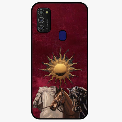Solar Riders Glass Case showing flat back view with dynamic rider themed artwork and glossy glass finish.