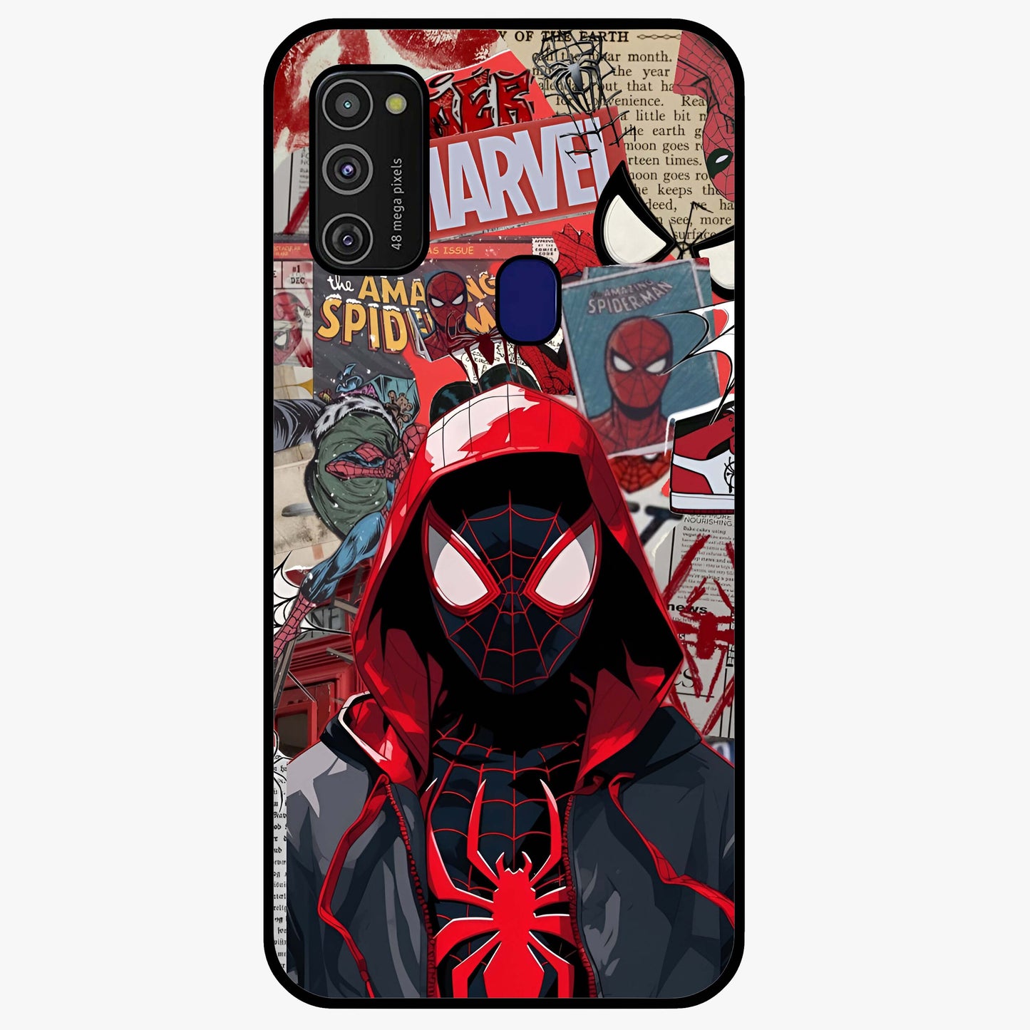Spider Collage Street Glass Case showing flat back view with vibrant superhero collage artwork and glossy glass finish.