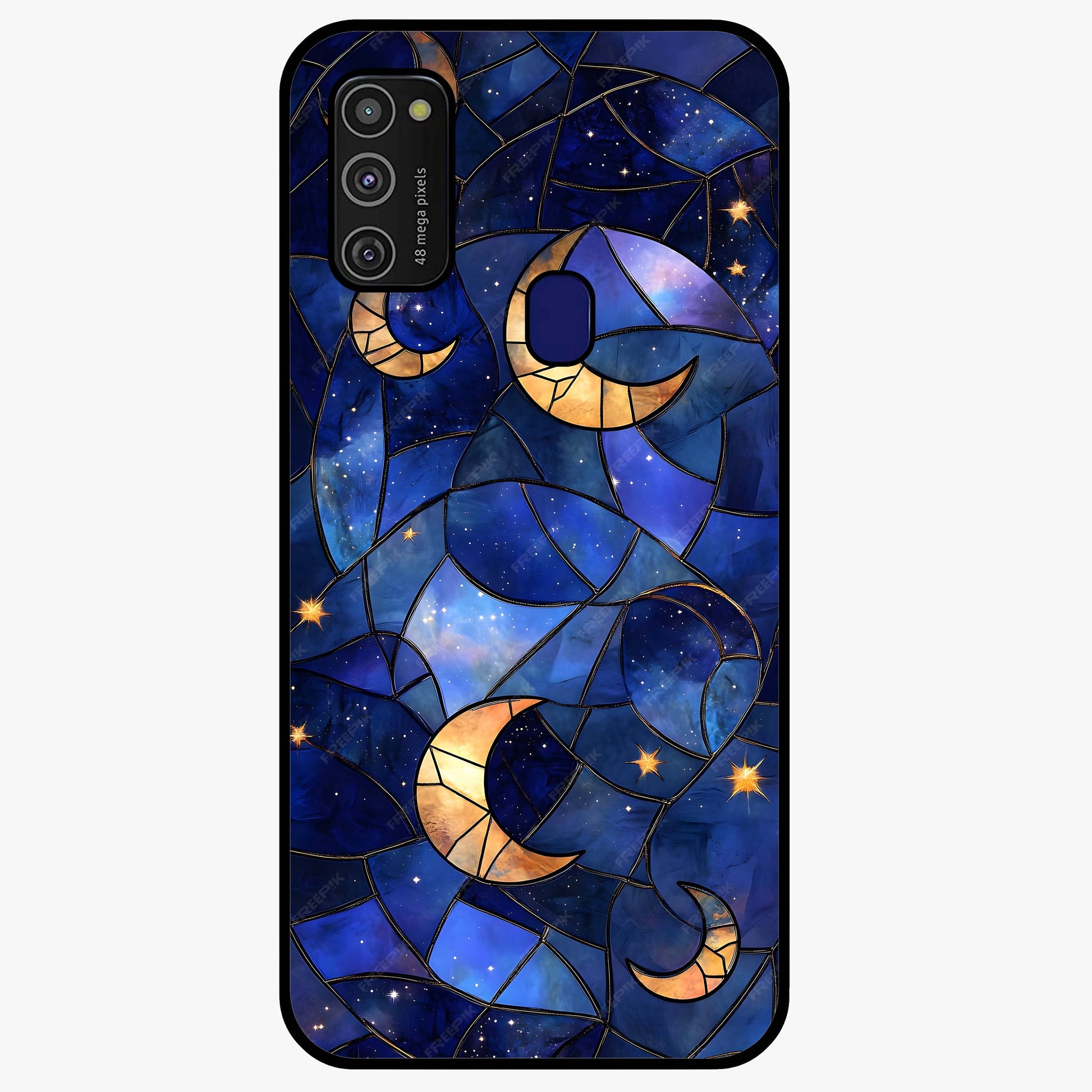 Starlit Sky Tapestry Glass Case showing flat back view with decorative starry sky tapestry artwork and glossy glass finish.