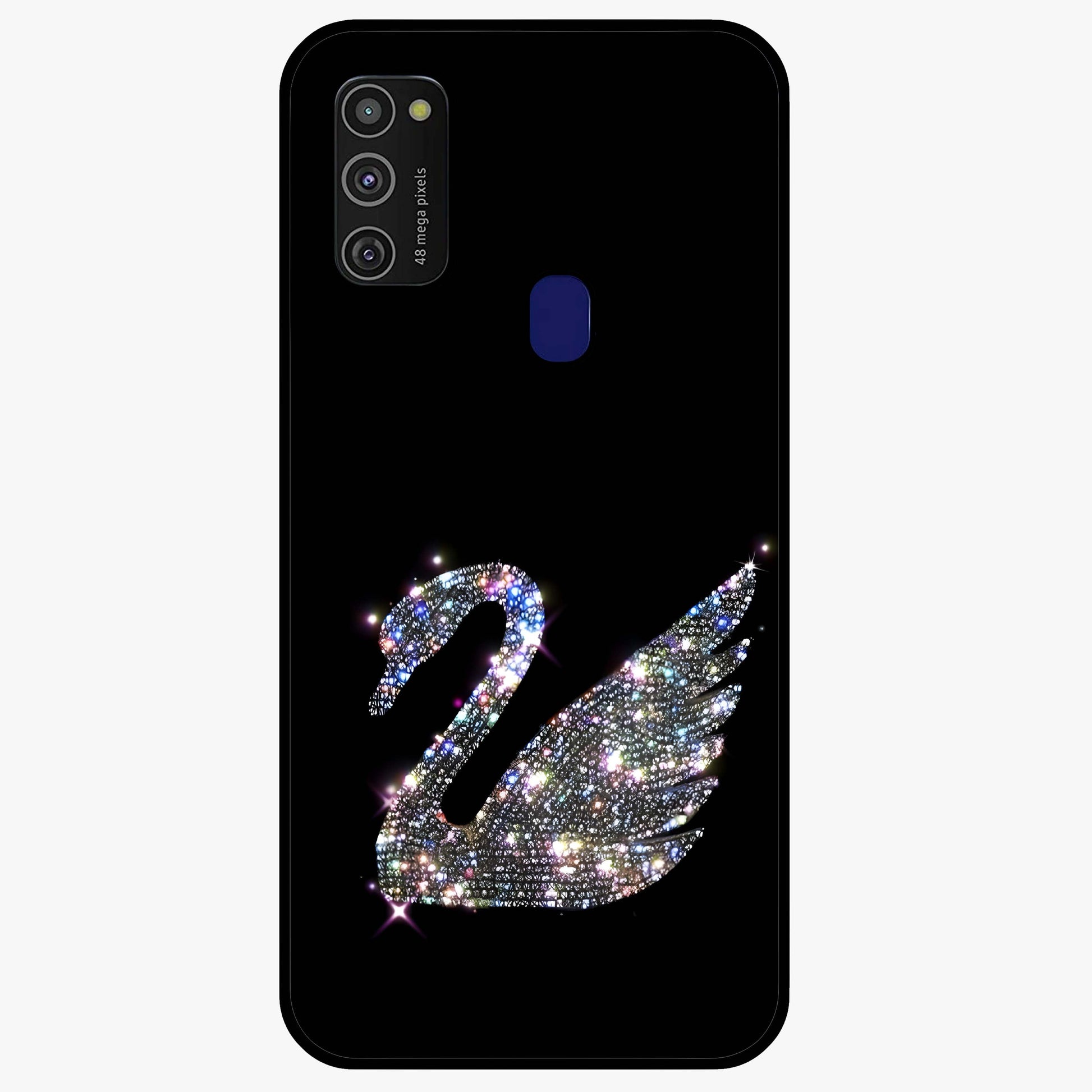 Starlit Swan Grace Glass Case showing flat back view with graceful swan artwork under starry sky and glossy glass finish.