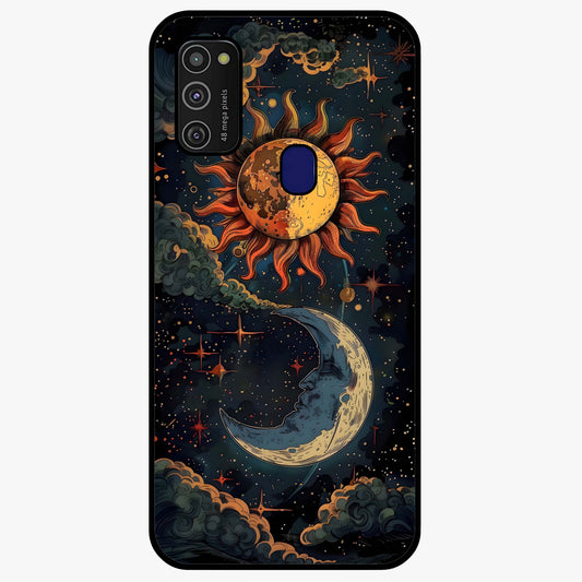 Sun And Moon Magic Design Glass Case showing flat back view with mystical sun and moon artwork and glossy glass finish.
