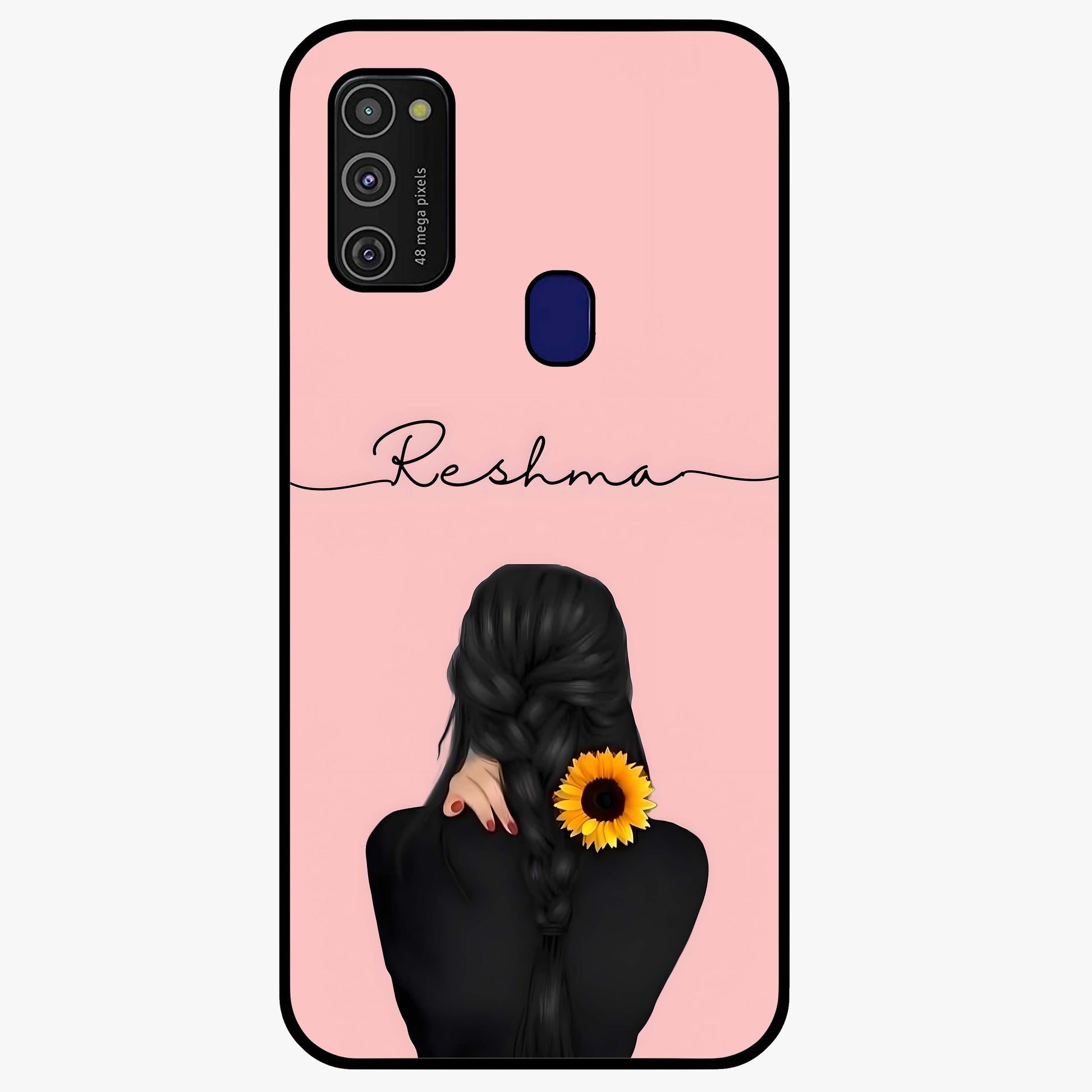 Sunflower Braid Beauty With Custom Name Glass Case showing flat back view with sunflower braid artwork and personalized name design.