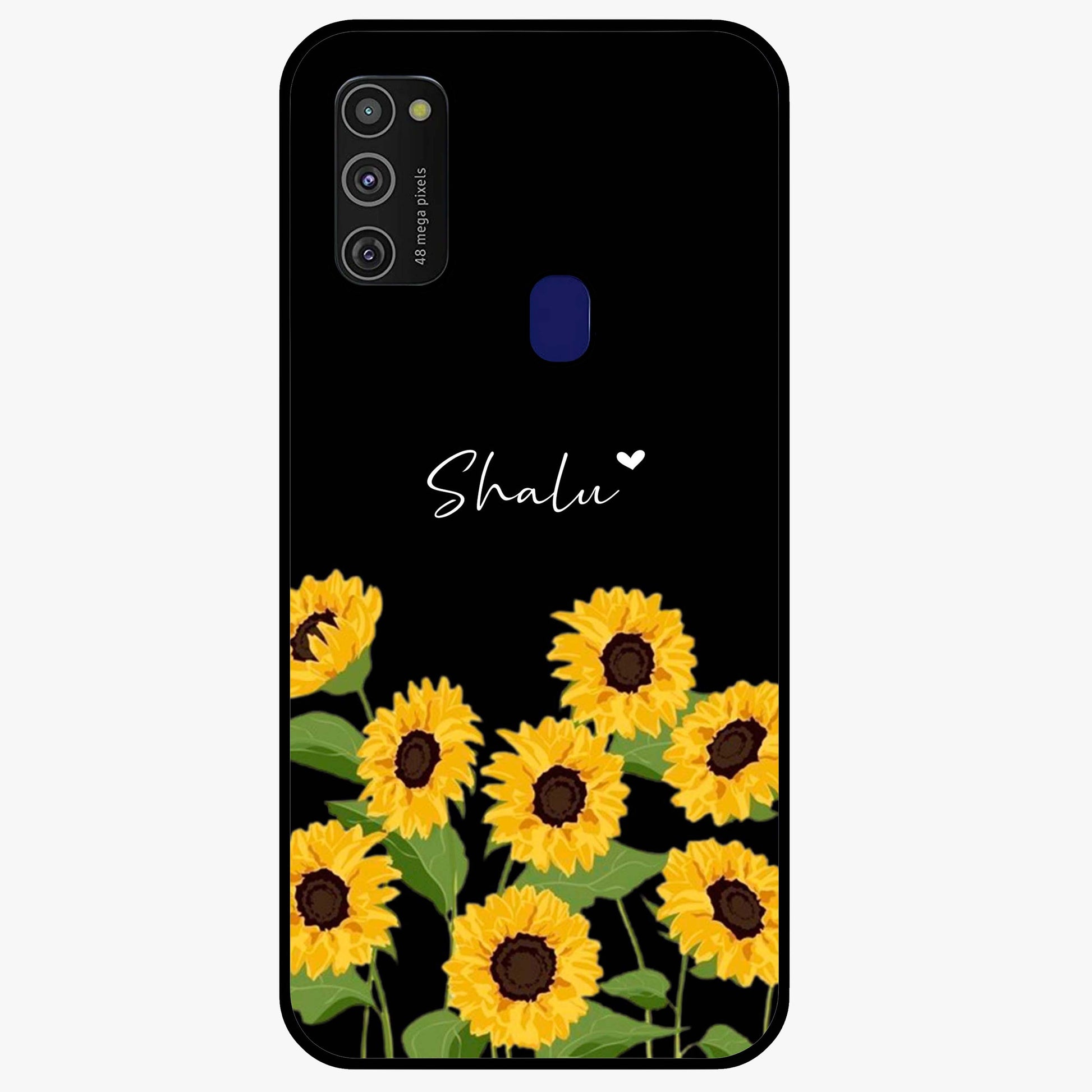Sunflower Chic Mood Custom Name Glass Case showing flat back view with stylish sunflower artwork and personalized name design.