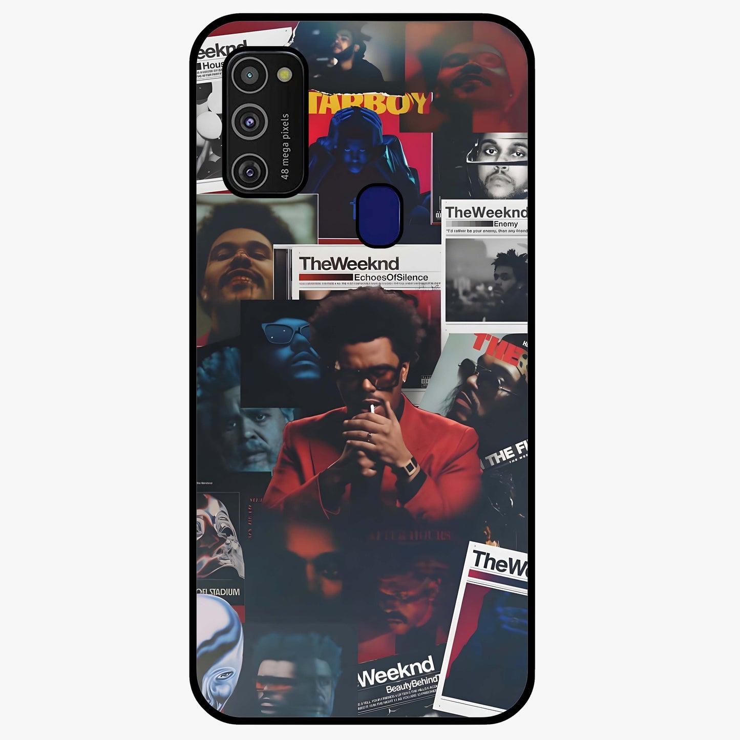 The Weeknd Glass Case showing flat back view with music inspired artistic portrait artwork and glossy glass finish.
