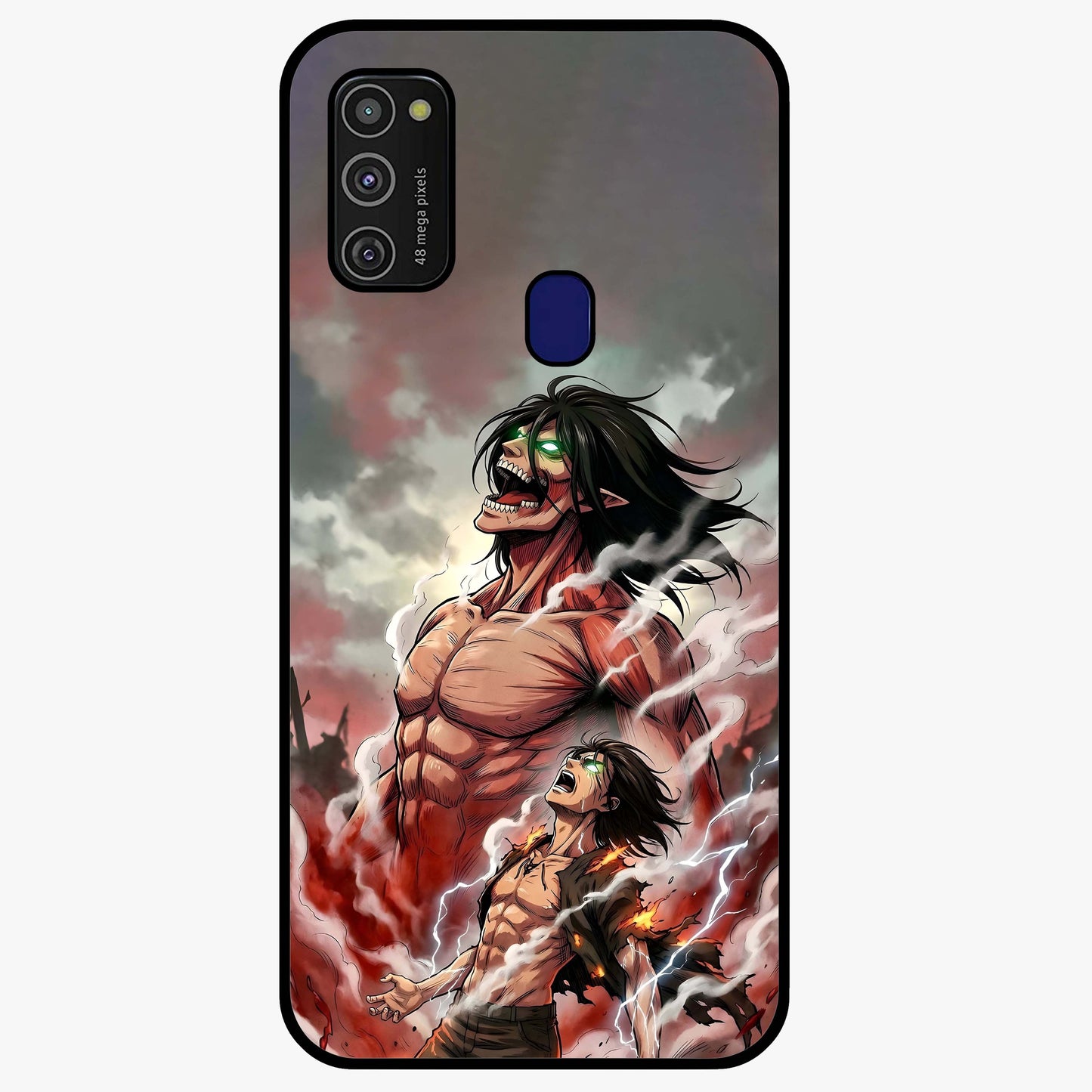 Titan Awakening Fury Glass Case showing flat back view with powerful titan inspired artwork and glossy glass finish.