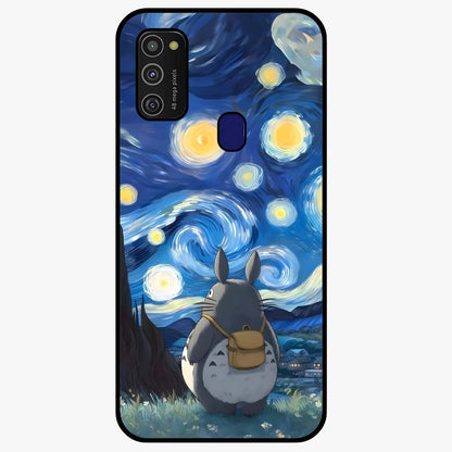 Totoro In Van Gogh Art Glass Case showing flat back view with whimsical character artwork inspired by Van Gogh style and glossy glass finish.