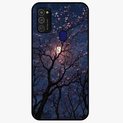 Twilight Sakura Serenade Glass Case showing flat back view with cherry blossom artwork at twilight and glossy glass finish.
