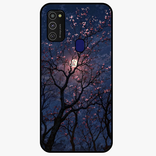 Twilight Sakura Serenade Glass Case showing flat back view with cherry blossom artwork at twilight and glossy glass finish.