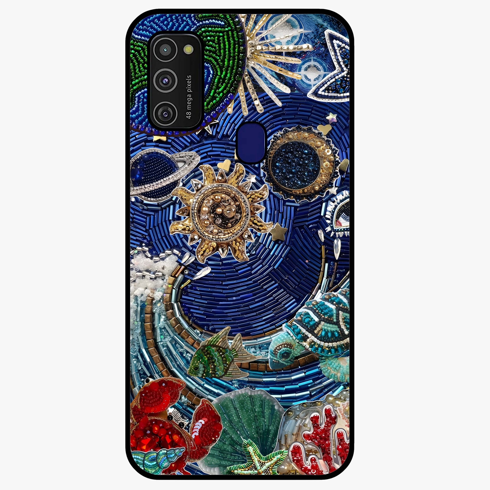 Universe Underwater Spark Glass Case showing flat back view with cosmic underwater themed artwork and glossy glass finish.